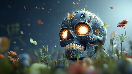 Neon sugar skull with glowing eyes, radiant purple and teal, detailed floral design