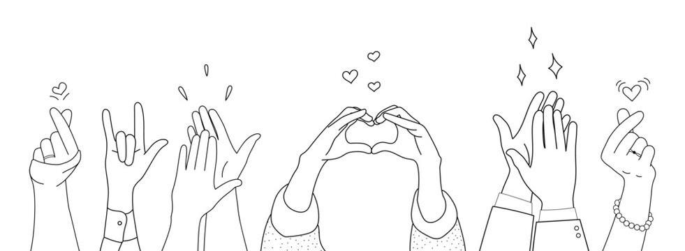 Doodle sketch hands up gestures comic icons silhouettes vector set. Group of line art fun comic hands in the air. Voting or happy congratulation audience recognition symbols.