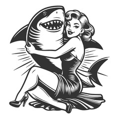 Fototapeta premium pin-up woman playfully hugging a shark, vintage style with humor and bold, whimsical imagery sketch engraving generative ai raster illustration. Scratch board imitation. Black and white image.