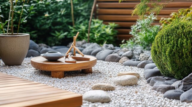 A serene meditation garden with zen gardening tools and peaceful ambiance, Zen mindfulness retreat style, photo of