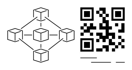 Blockchain network interconnected cubes and a QR code. Ideal for technology, digital transactions, data security, innovation, and modern communication visuals. Simplistic, minimalist, modern style