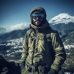 Naklejka premium A man in winter gear stands against a mountainous backdrop, showcasing adventure and exploration.