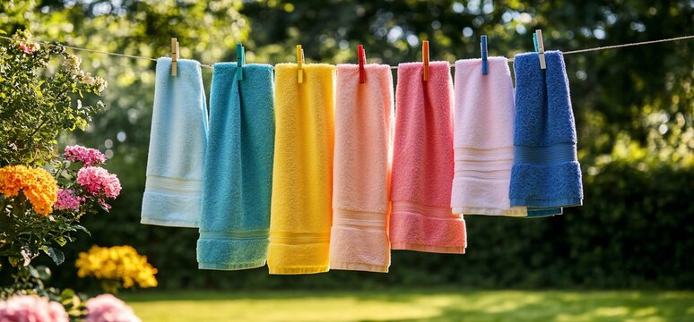 Colorful towels hanging on a clothesline in a backyard with green grass, flowers and trees.