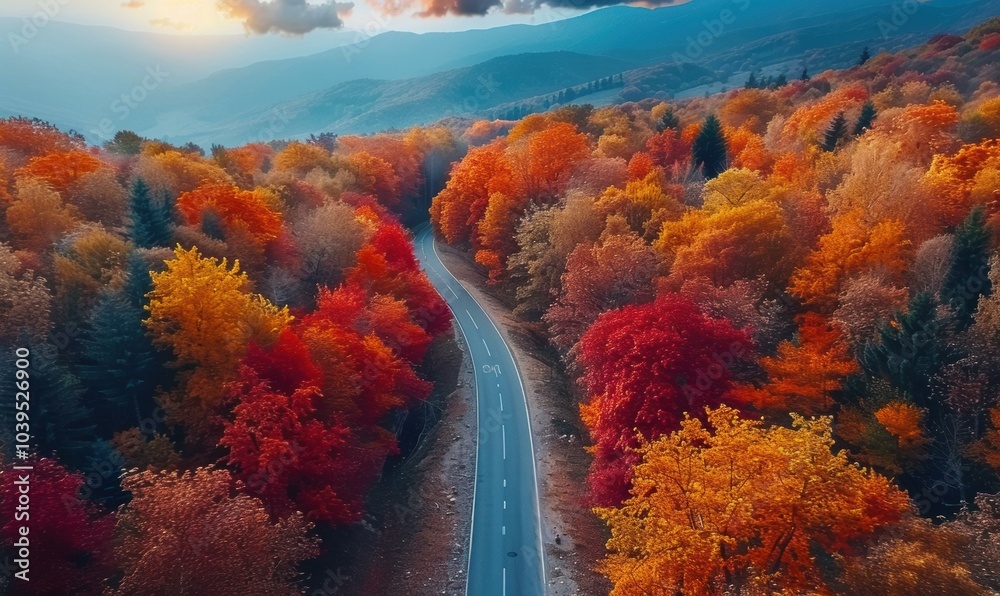 Canvas Prints A winding road through a forest with vibrant autumn colors. AI.