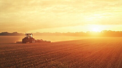 Fototapeta premium A tractor plows a field at sunrise, casting long shadows and creating a sense of peace and tranquility.