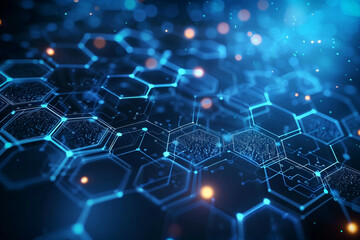 An abstract technology background with a network of glowing blue hexagons and electronic circuitry elements