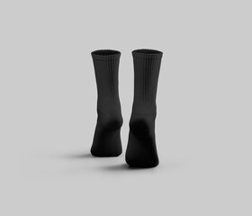 Black high gaiters mockup 3D rendering, back view, presentation on tiptoes, socks isolated on background.