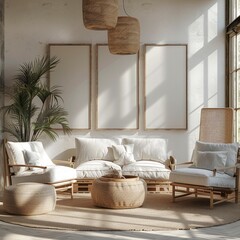 A living room interior, with a lot of natural light and three empty poster mockups hanging on the wall.