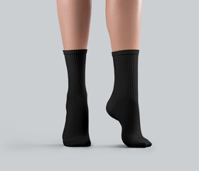 Template of black long gaiters on women's legs on tiptoes, one foot front view, other side, for...