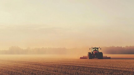 Naklejka premium A red tractor working in a field at sunrise with fog and trees in the background.