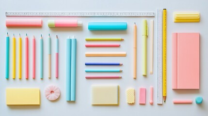 Obraz premium Flat lay of colorful stationery items on a white background.