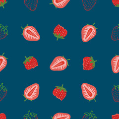 A seamless background of strawberries, bitten, cut in half or drawn in lines, arranged on a blue background. 한입 베어물거나 반자르거나 선으로만 그린 딸기를 남색에 배열한 이음새 없는 배경지