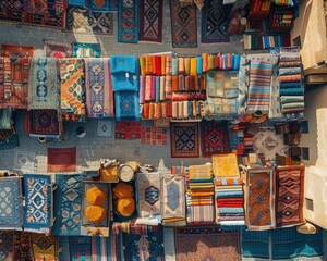 Obraz premium A vibrant display of colorful rugs and carpets in an outdoor market. AI.
