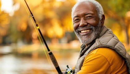 A man smiles while fishing. AI.