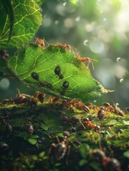 Ants on a leaf in the rain. AI.