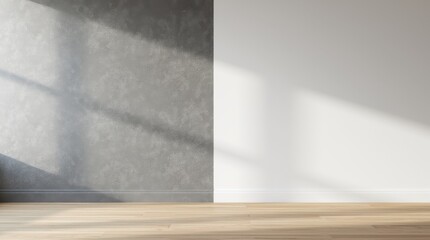 A modern grey interior space showcased in a before-and-after format, featuring a mock-up placed on a white concrete wall alongside wooden elements.