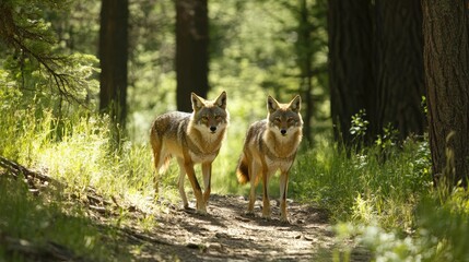 Naklejka premium Coyotes Pair: Mammals in the Wild Forest, Luring on the Trail