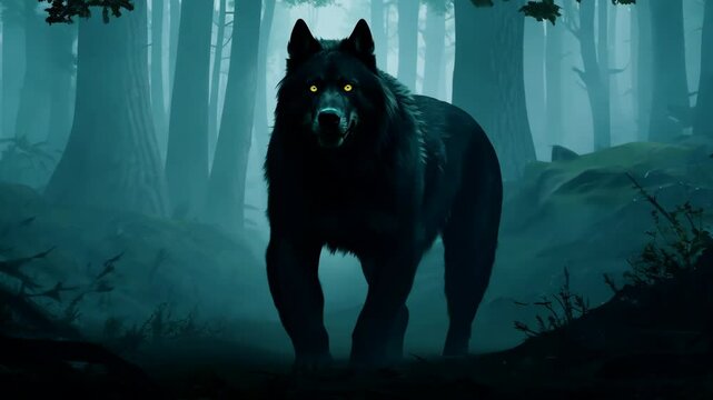 Big scary black werewolf. Huge frightening evil wolf in dark gloomy misty forest background. Wild and mysterious atmosphere. Dark creature grim in wood. Night horror. Glowing yellow eyes.