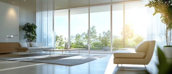 Fototapeta premium A large living room with a white couch and a white chair. The room has a modern design and is filled with plants. The sunlight is shining through the large windows, creating a warm