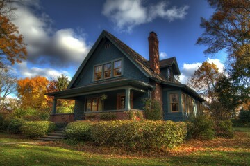 Craftsman Style House with Bay Window in Autumn Classic Blue Skies