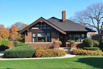 Craftsman Style House with Blue Bay Window and Chimney under Autumn Blue Skies