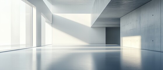 Fototapeta premium A large, empty room with a window on the left side. The room is mostly white, with a few grey walls. The sunlight is shining through the window, creating a bright and open atmosphere