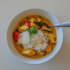 A bowl of curry with chicken and vegetables served with rice, garnished with cilantro.