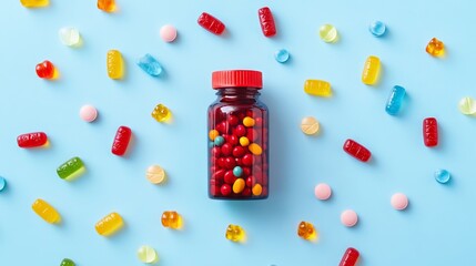 A bottle of colorful gummy chewable supplements surrounded by scattered gummies on a light blue background.