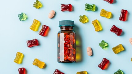 A bottle of colorful gummy chewable supplements surrounded by scattered gummies on a light blue background.
