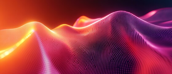 Obraz premium A colorful, abstract image of a wave with a bright orange and pink hue. The wave appears to be made up of small dots, giving it a futuristic and otherworldly feel. Scene is one of excitement