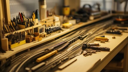 A serene model train room with model trains and miniature landscapes, Model train tools arranged around a detailed railway layout, Hobbyist's room style