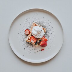 A delicious waffle topped with whipped cream and fresh strawberries on a minimalist plate.