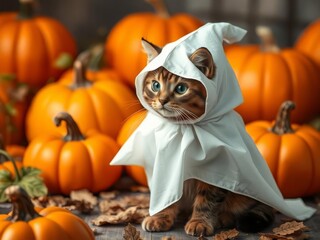 A cat is wearing a white hooded costume
