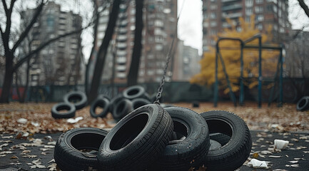 A pile of swing tires scattered in a park, with buildings in the background.