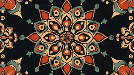 Ornate mandala with red, teal, and yellow details against a black background.
