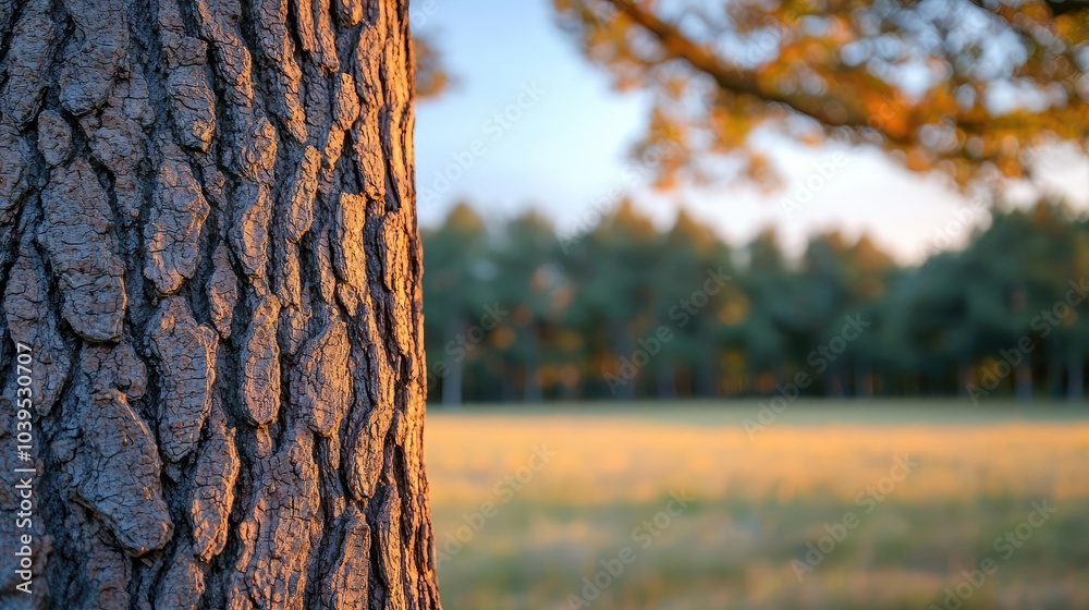 Aufkleber textured tree bark with blurred background of field and trees.