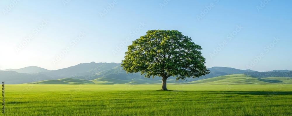 Poster lone tree in a green field with mountains in the background under a clear blue sky.