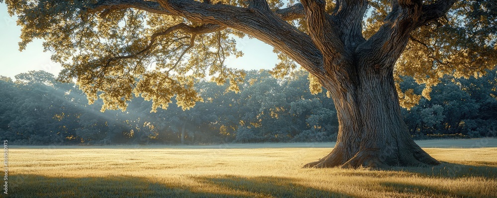 Poster large tree casting shade on a sunlit field during golden hour.