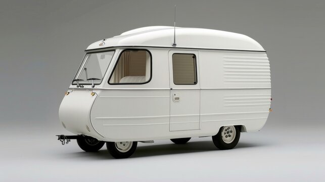 A small white three-wheeled motorhome in white sitting on a gray background without logo, Ai Generative.