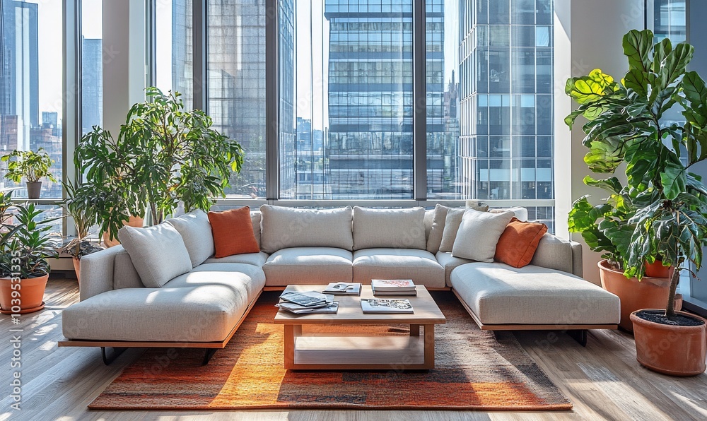 Aufkleber modern sectional sofa with orange throw pillows and a wooden coffee table in a large, bright room wi
