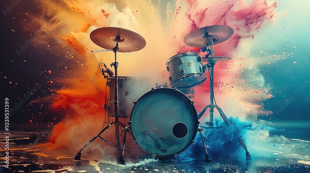Poster old drum set with bright colors coming out the speaker as sound waves.