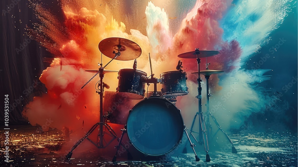 Poster old drum set with bright colors coming out the speaker as sound waves.