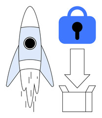 A rocket launching upwards with propelling flames. Next to it, a blue lock symbol with an arrow pointing to an open box. Ideal for technology, innovation, security, e-commerce, and packaging themes
