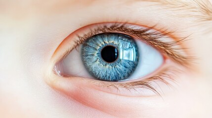  A tight shot of a child's blue eye with a circular black pupil in the iris