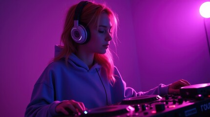 A stylish fashion teenager model wearing a cozy hoodie and trendy headphones, immersed in the rhythm of DJ music.