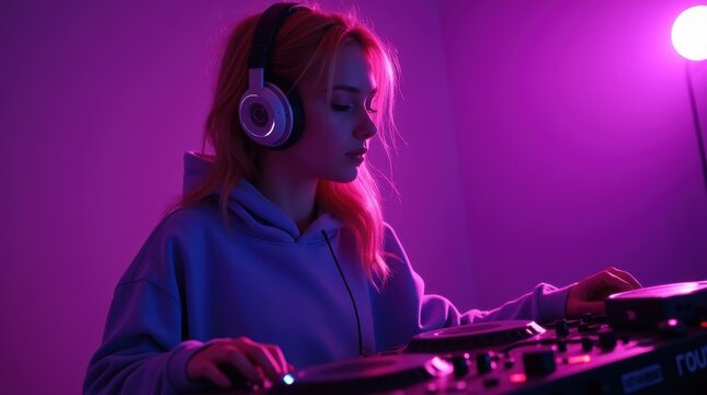 A stylish fashion teenager model wearing a cozy hoodie and trendy headphones, immersed in the rhythm of DJ music.