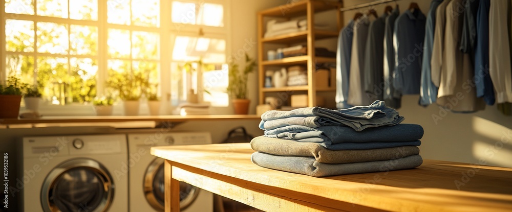 Poster Stack of folded blue jeans on a wooden table in a laundry room with sunlight streaming through the window.