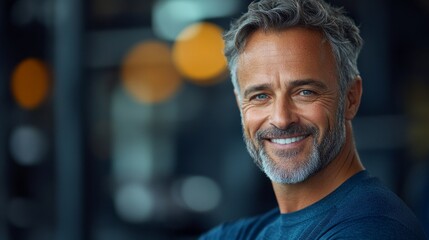 Obraz premium A man with a beard and gray hair is smiling and wearing a blue shirt. He looks happy and confident