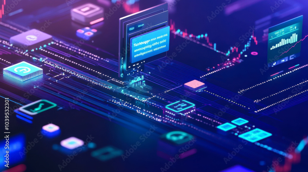 Poster abstract digital interface analyzing data trends and security threats in a high-tech environment at 