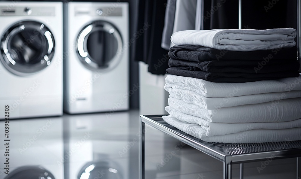 Poster stack of folded white and black clothing on a table in a laundry room with two washing machines in t